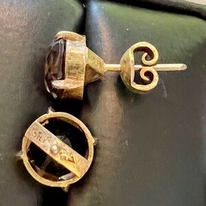 Vintage Handmade Smokey Quartz Stud Earrings. Antique Gold Designer Earrings